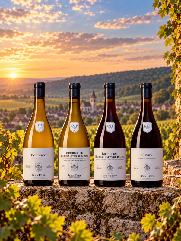 Four bottles of Jean Féry Burgundy wine on a stone wall with vineyards and a village at sunset behind