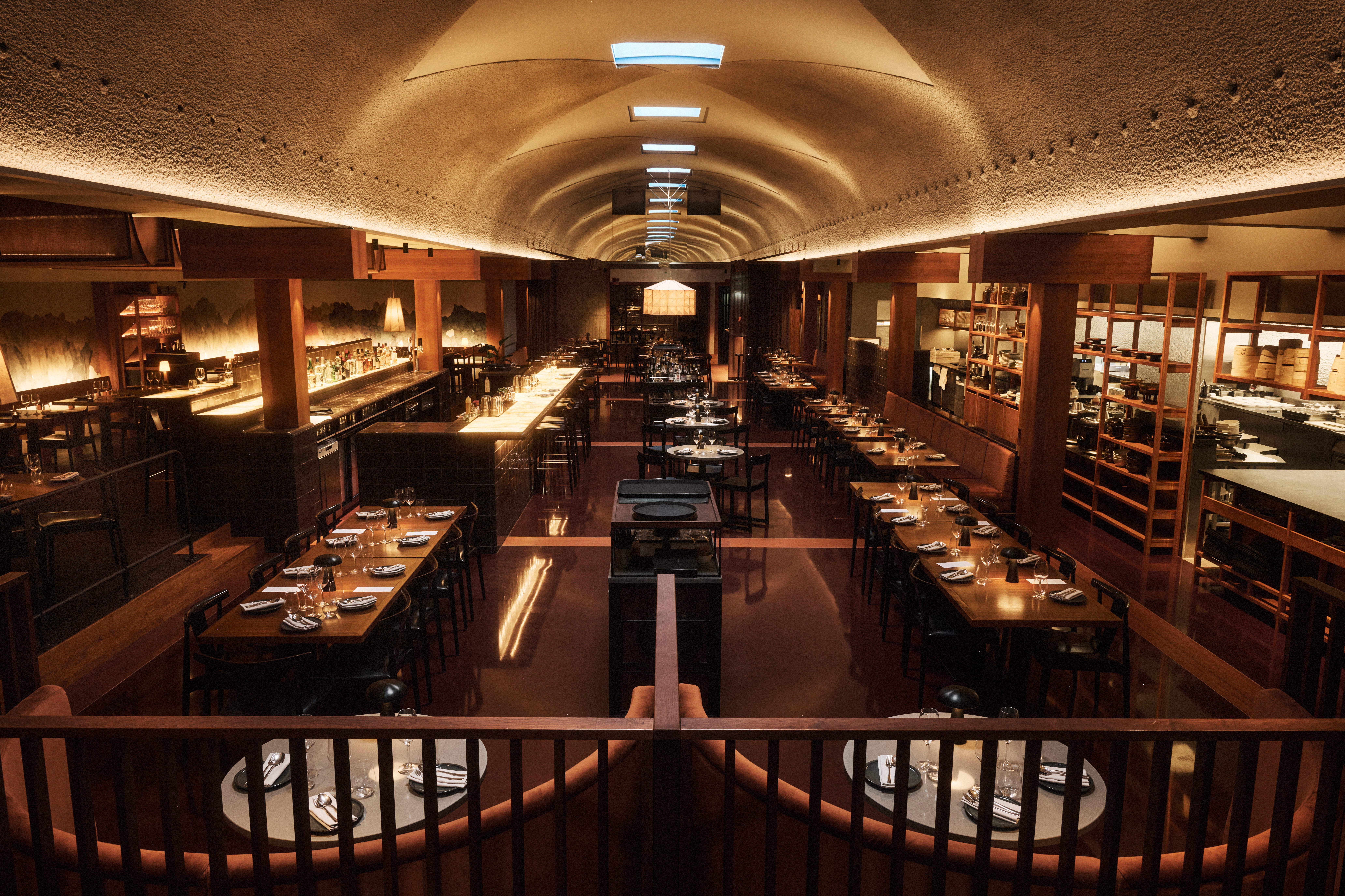 Overview of Farang's renovated dining hall under the vaulted ceiling